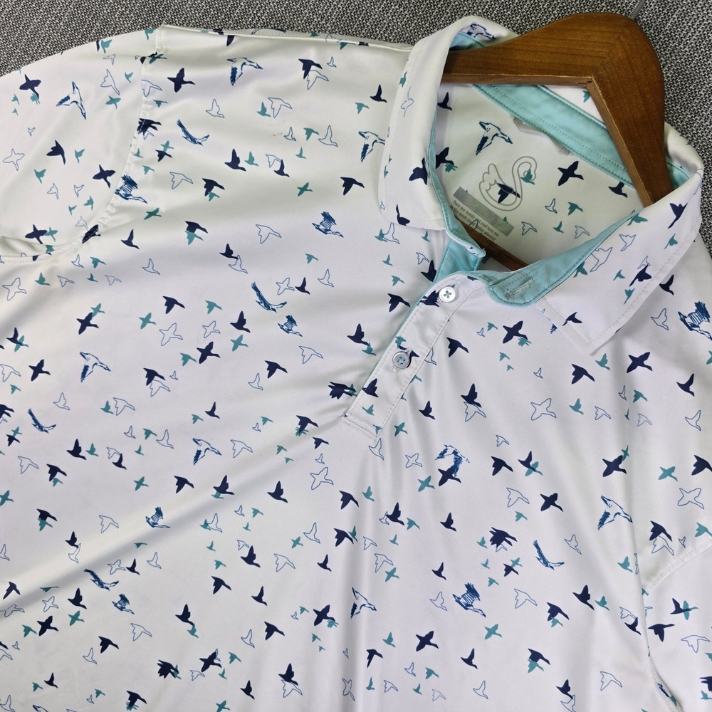 Swannies Golf Polo Shirt Mens XL White Blue Geese All Over Print Performance Top